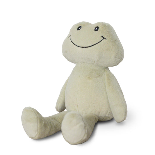 Frankie Frog plushie sitting upright, smiling embroidered face, front angle
